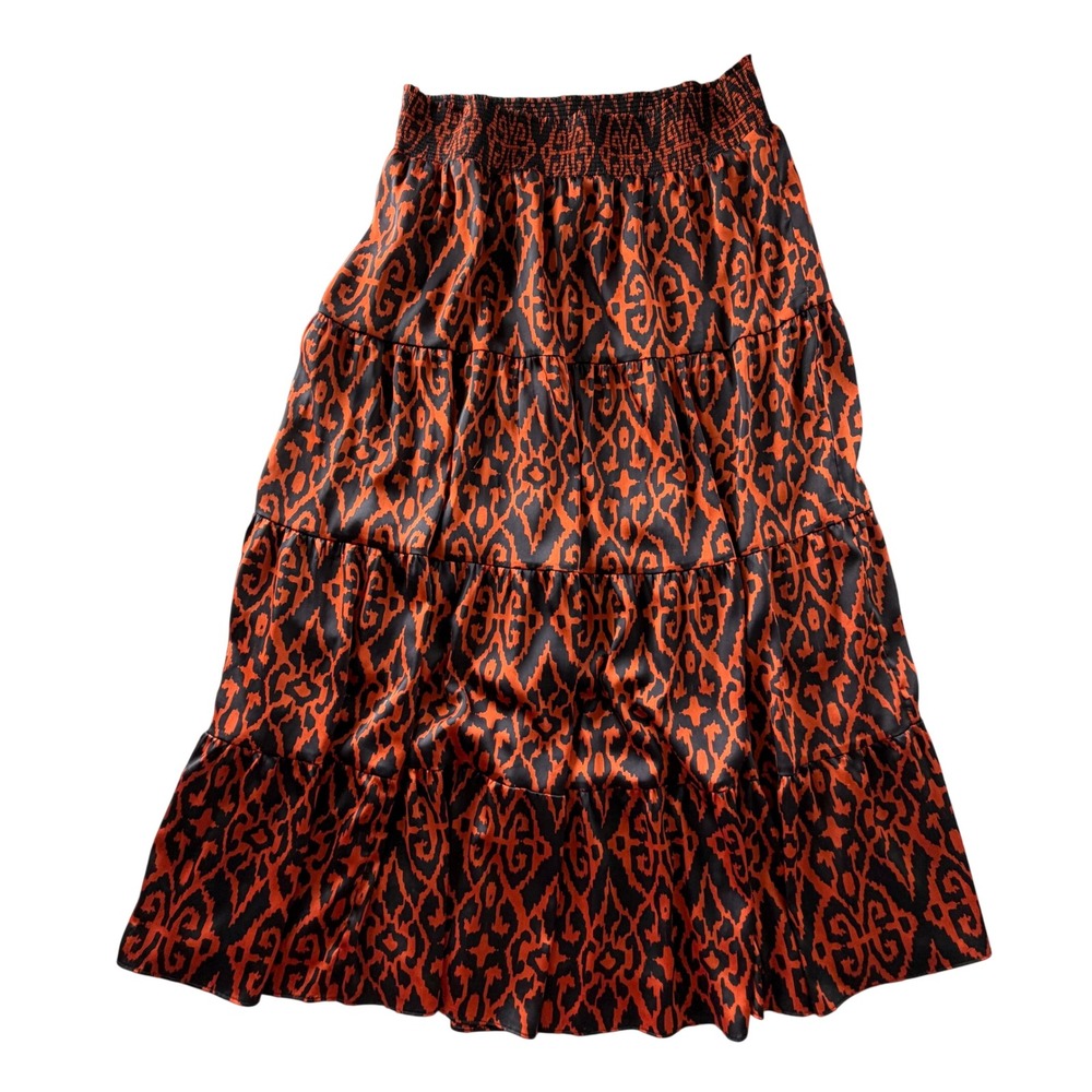 Chicos Orange Black Ikat Damask Tiered Maxi Skirt Smocked Size 2.5 US 14